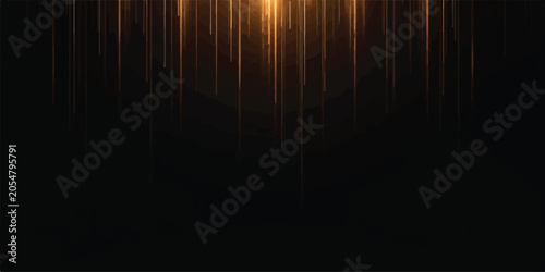Photos Glowing gold light streaks descending on a solid dark black background with abst