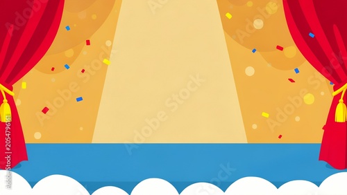 Festive Stage With Red Curtains And Confetti