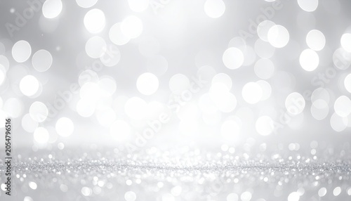 Bright white bokeh lights over a shimmering silver glitter surface