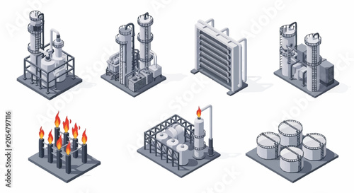 Foto Set of isometric industrial plant icons including oil refinery, gas flares, and storage tanks