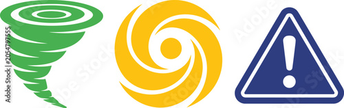 Foto Tornado hurricane and warning sign icons set for weather alerts and natural disa