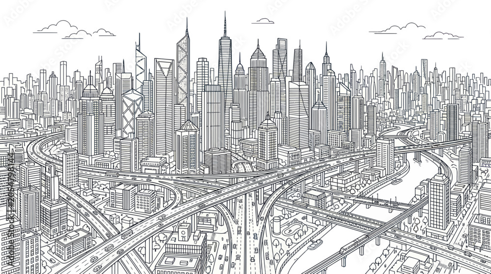 Fototapeta premium Modern city skyline with complex highway interchanges and roads