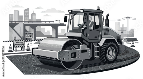 Obraz na plátně Heavy road roller compacting asphalt at a city construction project