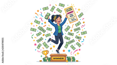 Schilderij op canvas Excited woman jumping for joy after winning huge lottery jackpot