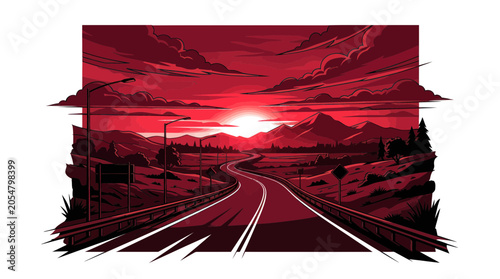 Foto Winding highway leading to a mountain sunset in red tones