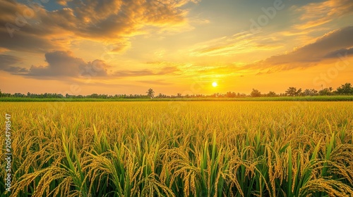 Golden rice field at sunset with vibrant yellow crops and cloudy sky