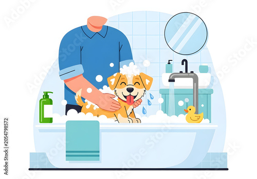 Happy dog enjoying a bubble bath with suds and water in a clean bathroom, getting groomed by owner