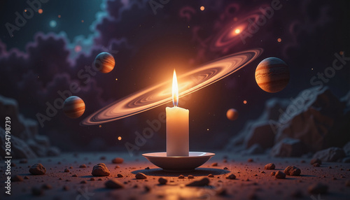 candle illuminating a celestial scene with planets and rings in a cosmic landscape, representing the concept of light in the universe
