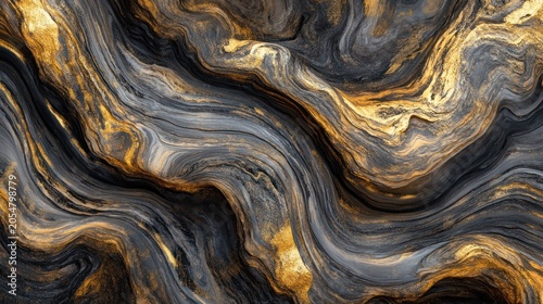 Luxurious swirling pattern with gold, gray, and black hues, resembling marble or liquid art