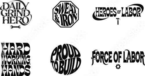 Set of black and white vintage labor and work themed typography logos and badges for industrial construction design isolated on white background, Vector