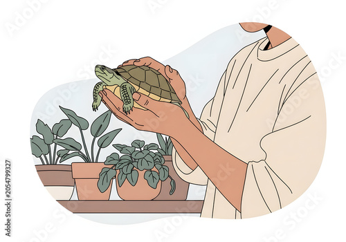 Illustration of someone gently holding a pet turtle amongst potted houseplants on a shelf, representing pet care and home greenery