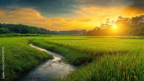 Panoramic view of a serene rice paddy field with a stream at sunset