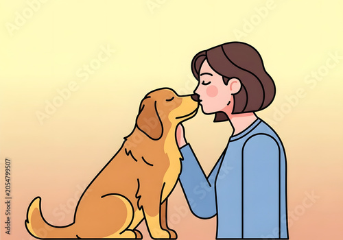 A heartwarming illustration of a person affectionately kissing a golden retriever dog, capturing a moment of pure love and companionship