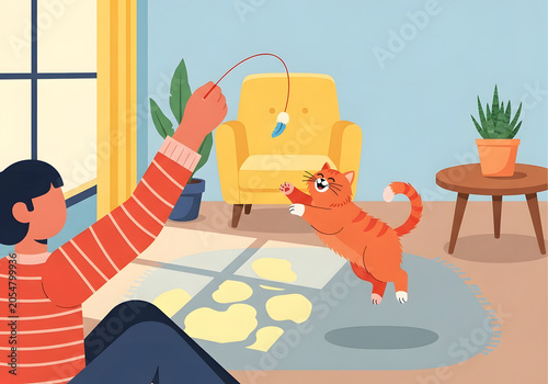 A playful ginger cat leaps and chases a feather toy in a sunlit living room, captured in a joyful moment of feline activity