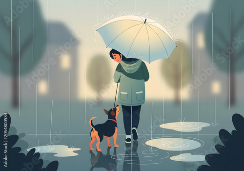 A heartwarming illustration of a person walking a dog under a white umbrella on a rainy day, surrounded by puddles and trees