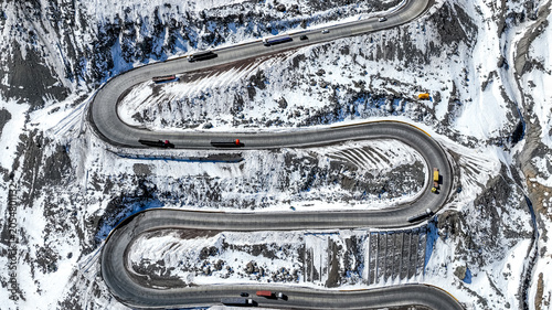 Los Caracoles highway road near Santiago Chile in aerial view. Snow highway road. Vertical video