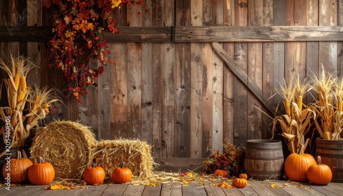 Rustic barn background featuring pumpkins, hay bales, corn stalks, fall leaves, and a wooden floor