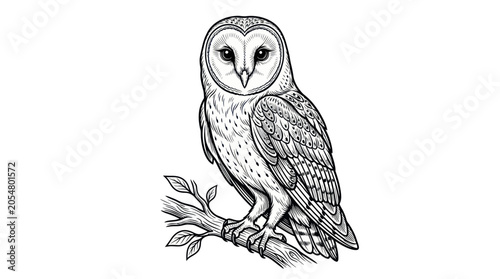 Photos Majestic barn owl perched on a leafy tree branch in line art style