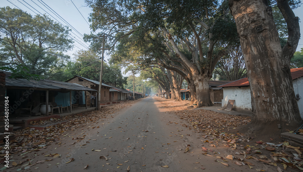 Fototapeta premium Rural dirt road lined with large trees and simple village houses in a rustic countryside setting countryside landscape environment traditional developing community outdoors tranquil peaceful