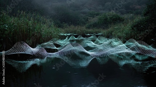 Symphony of wingbeats visualized as ripple waves over pond, auditory visual