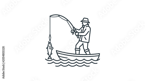 Obraz na płótnie Fisherman in a boat catching fish with a rod.
