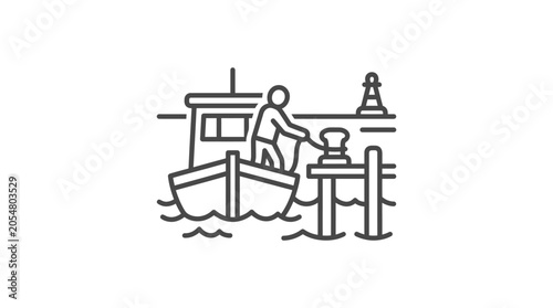 Tableau sur toile Sailor securing boat with rope to dock bollard pier.