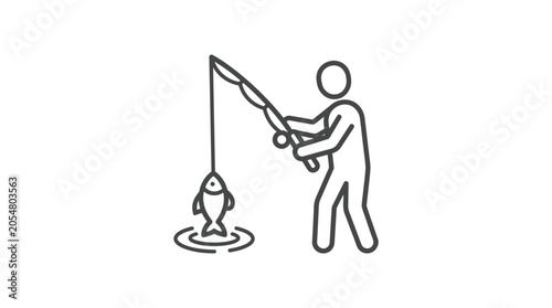 Fotografía Simple stick figure fisherman holding rod with caught fish.
