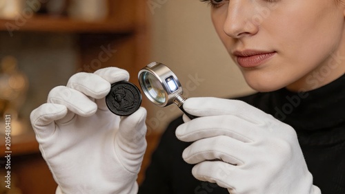 Expert woman examining ancient coin with magnifying glass and light, numismatist checking rare collectible artifact detail, professional appraisal of historical currency value and