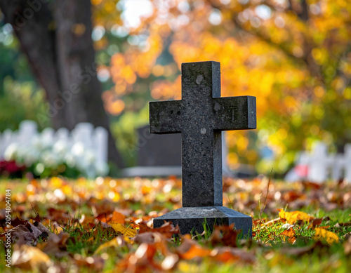 Stone cross gravestone standing among colorful autumn leaves in a peaceful cemetery, symbolizing remembrance, faith, loss, and spiritual reflection.