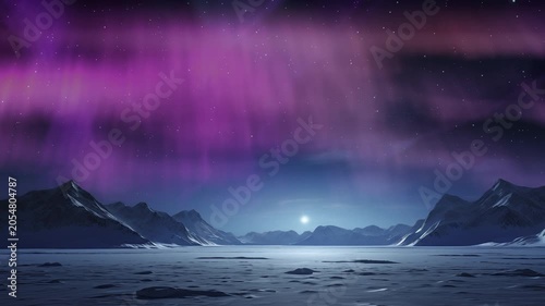 Antarctica Purple Aurora and Moonrise Above Mountains Pan R Generative AI