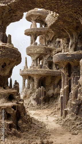 Terraforming bee colony sculpting mud skyscrapers, architectural marvel