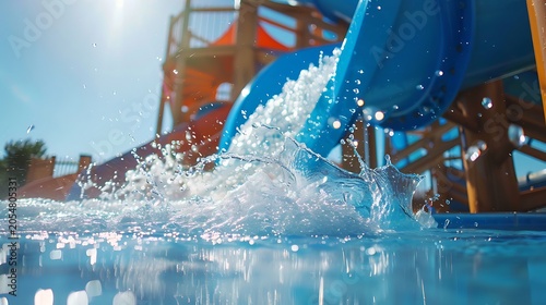 High Action Water Splash from a Blue Slide at Aqua Park