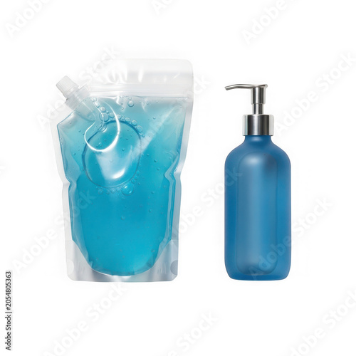 Refill pouch with blue liquid soap and empty glass pump bottle isolated on transparent background