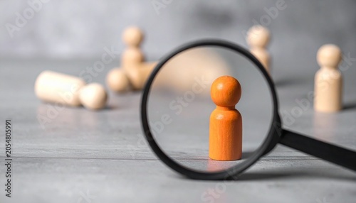 Orange figurine magnified among wooden figures