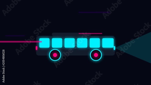 Seamless looping animation of a dark midnight cyberpunk transit bus traveling at high speed with glowing neon cyan and pink rims and light beams