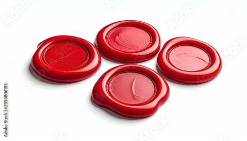 Four glossy red wax seals with slight impressions on white