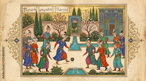 Detailed vintage medieval miniature manuscript gouache painting sketching royal court characters celebrating an archaic