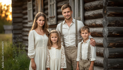 Family Portrait Photo Session in Rustic Country Style, Parents with Kids for Vintage, Farmhouse or Nostalgic Concept
