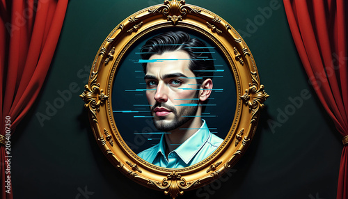 portrait of a man with digital distortions reflecting modern identity, framed in an ornate mirror, concept of technology and perception