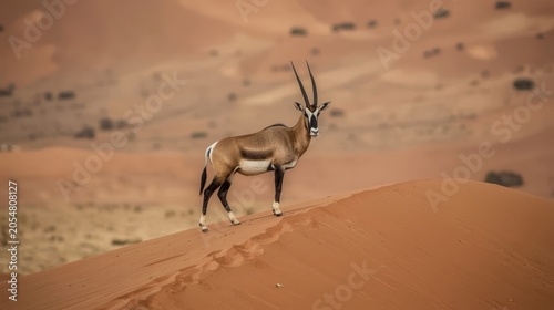 A lone gemsbok oryx standing on the crest of a red sand dune in the Namib Desert. Generative AI