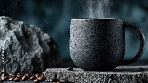 Black ceramic mug with steam over textured stone surface surrounded by coffee beans and a rock in a calm, moody coffee-themed atmosphere