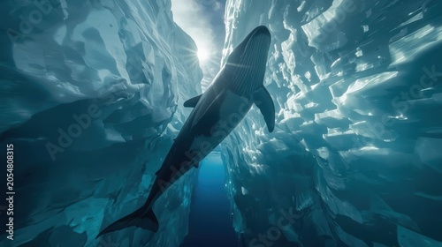 Antarctic Minke Whale gliding through a narrow channel between ice walls. Generative AI
