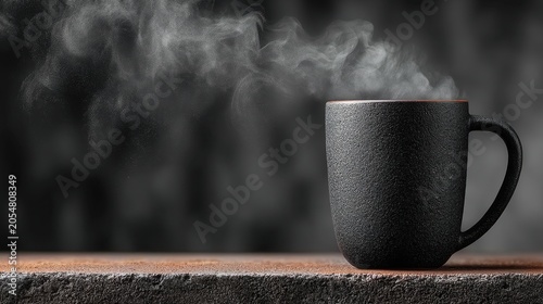 Elegant black ceramic mug with steaming hot beverage on rustic wooden table, creating a warm and cozy atmosphere for inviting moments of relaxation.