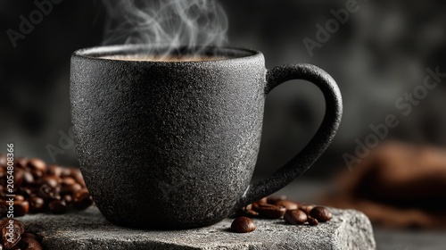 Black textured coffee mug with steaming hot beverage on a rustic stone surface surrounded by roasted coffee beans and blurred grey background