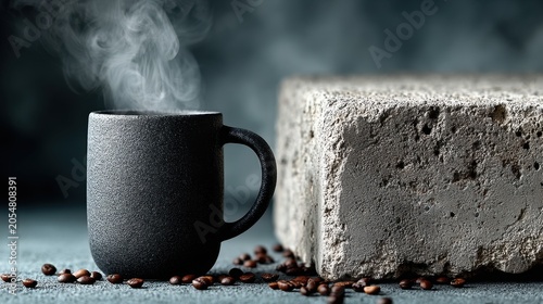 Chic black coffee mug with steam beside a textured concrete block and scattered coffee beans on a rustic background for an artistic beverage scene