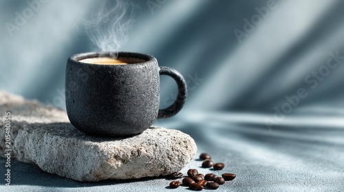 Cozy Brew in a Minimalist Black Cup with Steam, on a Stone Base Surrounded by Coffee Beans and Soft Fabric Background