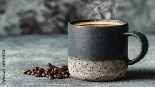 Cozy and Warm Coffee Mug with Steam Rising and Coffee Beans on Gray Surface for Beverage and Morning Ritual Visuals