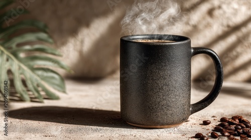 Warm Coffee Mug on a Rustic Surface with Steam and Coffee Beans, Green Leaf Decoration, Cozy Home Atmosphere for Relaxation and Enjoyment