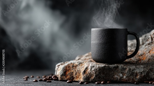 Black ceramic coffee mug on a textured stone surface with steam rising and coffee beans scattered, creating a cozy and inviting atmosphere in low light