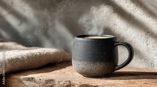 Cozy morning scene with steaming coffee cup on wooden table, soft natural light creating serene atmosphere with textured background